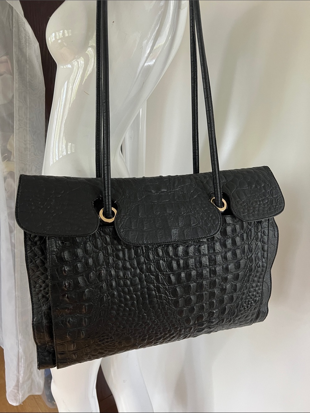 Enrico Coveri Leather Croc Large Zip and Flap Shoulder Tote Bag  Made in Italy